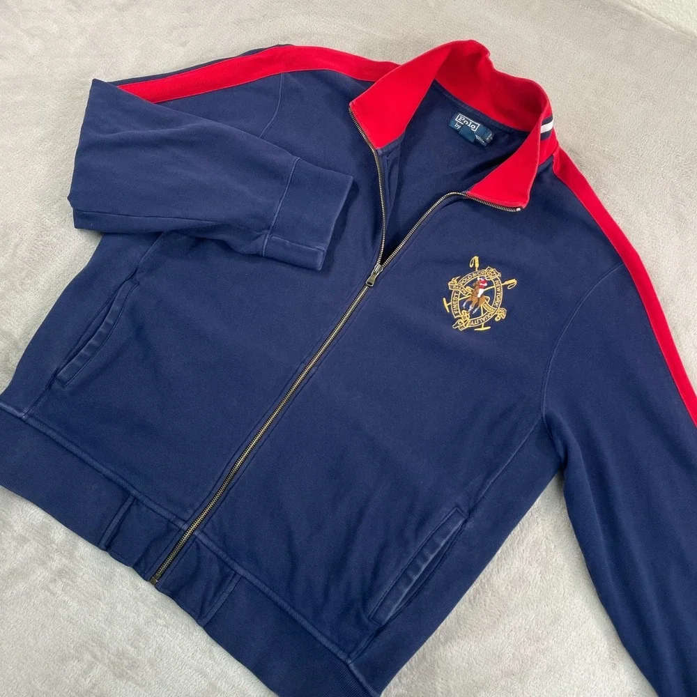 Polo Ralph Lauren Equestrian Crest Logo Track Jacket Men XL‎ Blue Full Zip Heavy